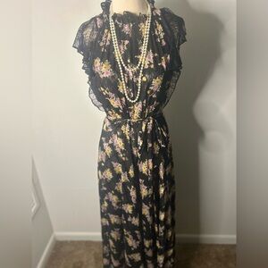 Tahari Black Maxi Dress with Pink and Yellow Floral Pattern